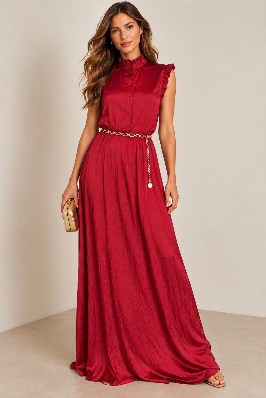 Zadig & Voltaire Raos Satin Wine Red Ruffle Maxi Dress Size M